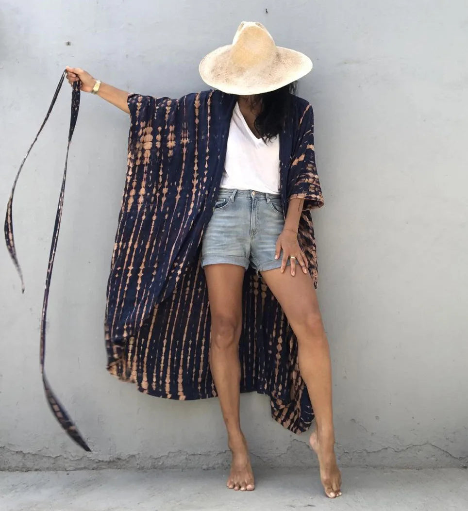 Women's Beach Cover Ups Open Front Tie Dye Maxi Cardigan Kimono Swimsuit with Belts Bathing Suit