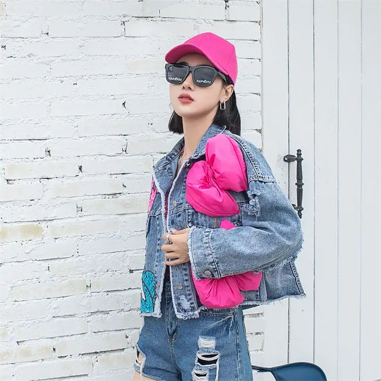 2024 New Women Coat Cartoon Sticker Embroidered Sequin Short Denim Jacket Loose Bowknot Top