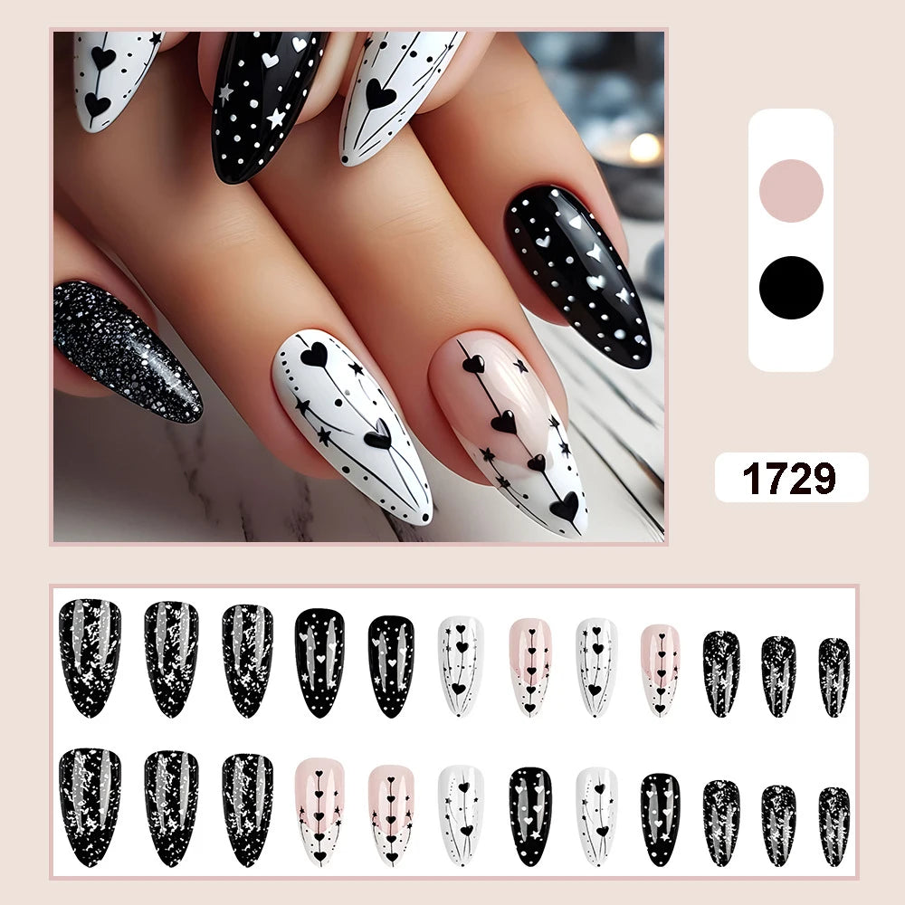 24pcs/set short Medium fake nails square ballet almond nail tips pink beautiful heart for Valentine's Day press on false nails