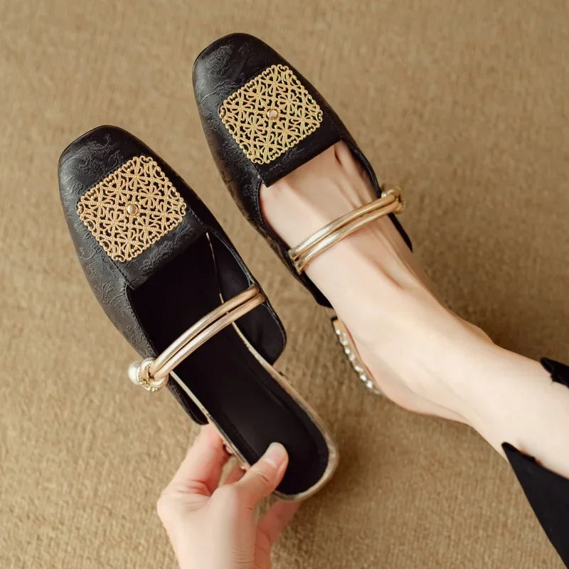 2024 Summer Elegant Sandals Women New Rhinestones Fashion Dress Half Slippers Baotou Women's Temperament Chinese Style Slippers