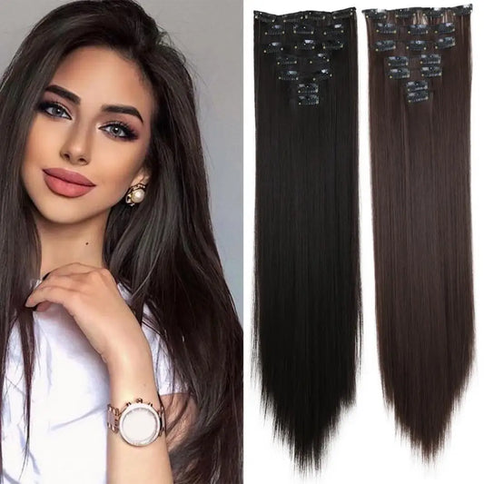 56cm Wig Extensions Women's Synthetic Clip-in One Piece Straight Hair Extensions Synthetic Wigs Seamless Customizable Wig Pieces
