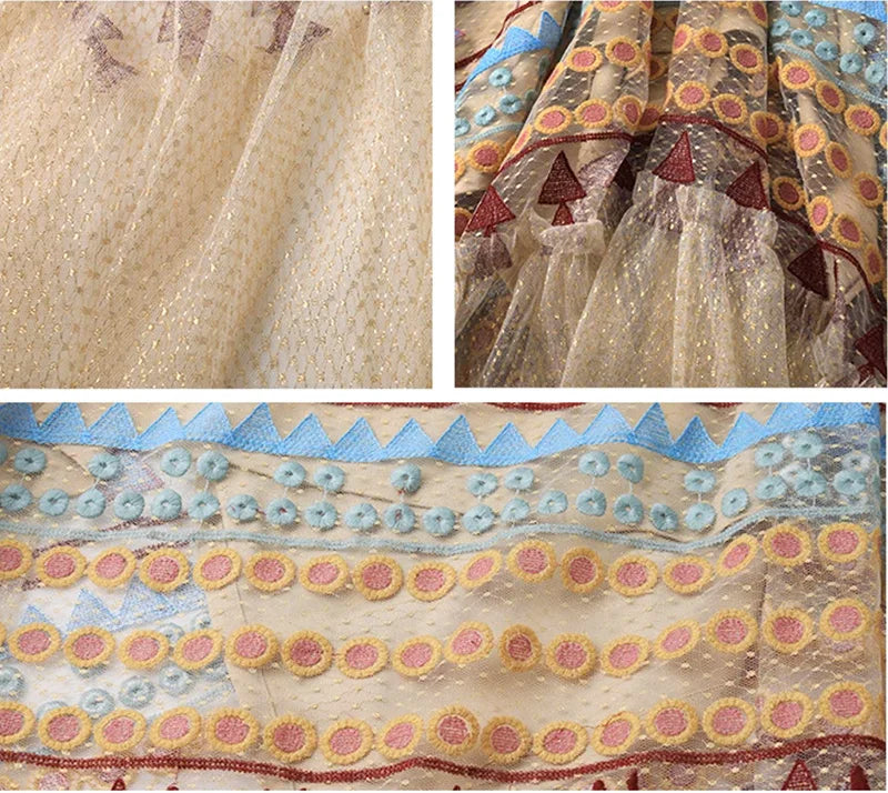 Women‘s Travel Holiday Wear Bohemian Colorful Embroidery Lace Ruffles Skirt Asymmetrical Hem Skirt Female Shiny Gold Mesh Skirts