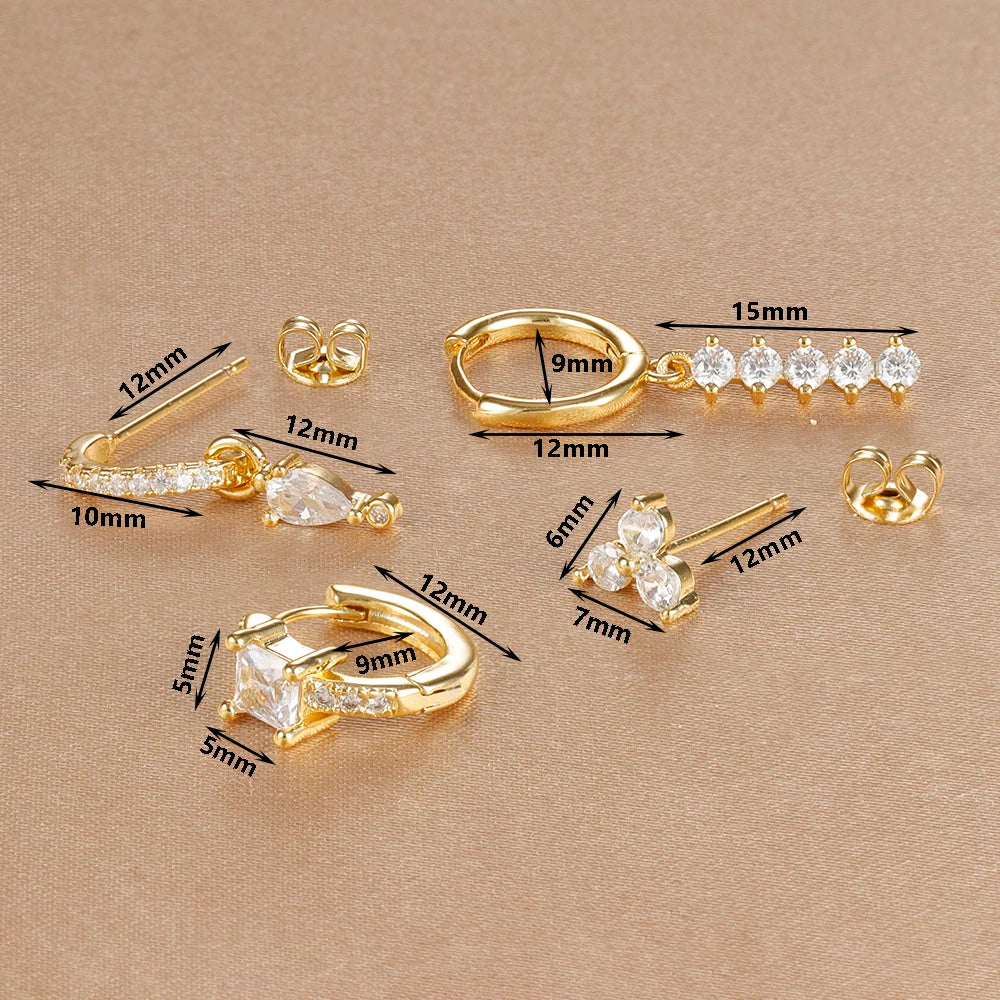 4PCS Simple Crystal Zirconia Square Dangle Earrings Set For Women Korean Stainless Steel Pendant Stud Earring Piercing Jewelry Viralgem Store