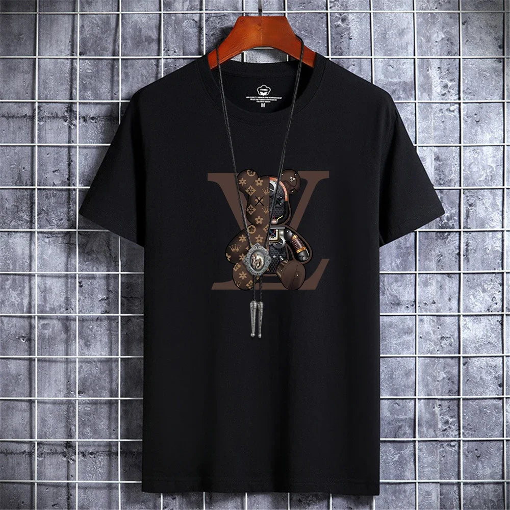 Summer Men's Luxury Casual T-Shirt Retro Y2k Designer Short Sleeve Tees Male Vintage Cotton Trendy High Quality Bear Print Tops