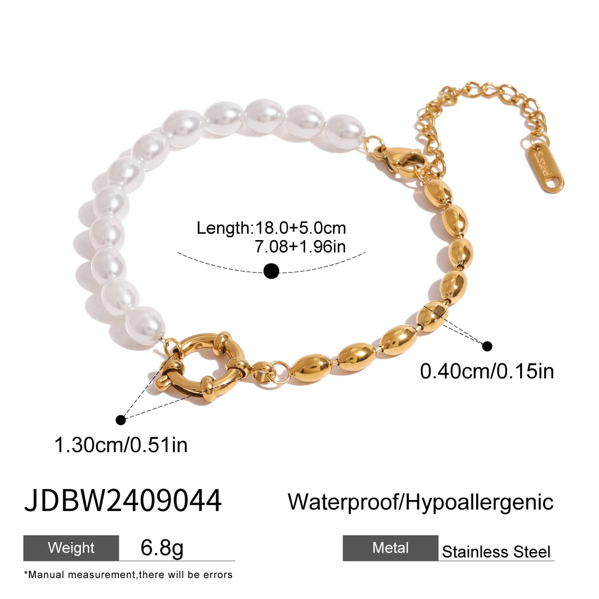18K Gold Plated Bead Chain Irregular Shaped Glass Pearl Bracelet Chain Women Stainless Steel Rust Proof Anti Allergic Jewelry