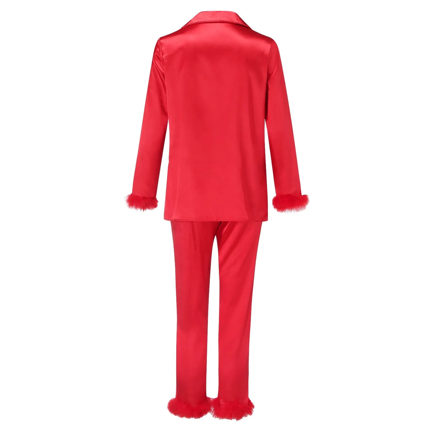 2Pcs Women Pajamas Set Spring Summer Casual Lapel Tops + Feather Pants Suits Sexy Lingerie Nightwear Silk Satin Pyjamas Homewear