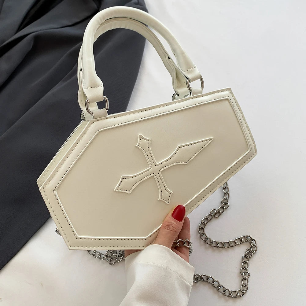 Women Crossbody Bag Large Capacity Coffin Shape Phone Shoulder Bag Halloween PU Top Handle Bag for Travel Make Up Cosmetic Bag