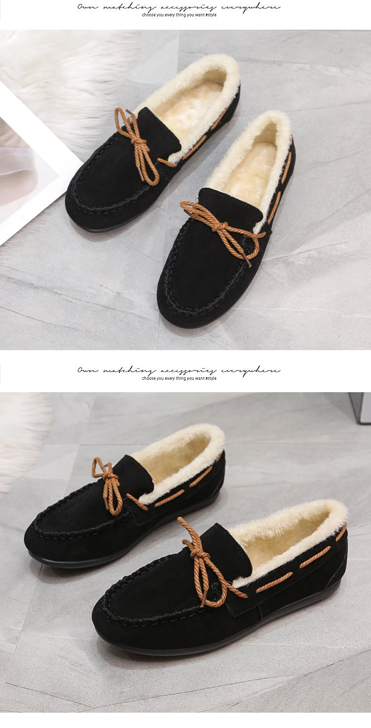 2023 autumn and winter new Doudou shoes women plus cashmere warm bow Korean version of casual shallow mouth flat lazy cotton sho