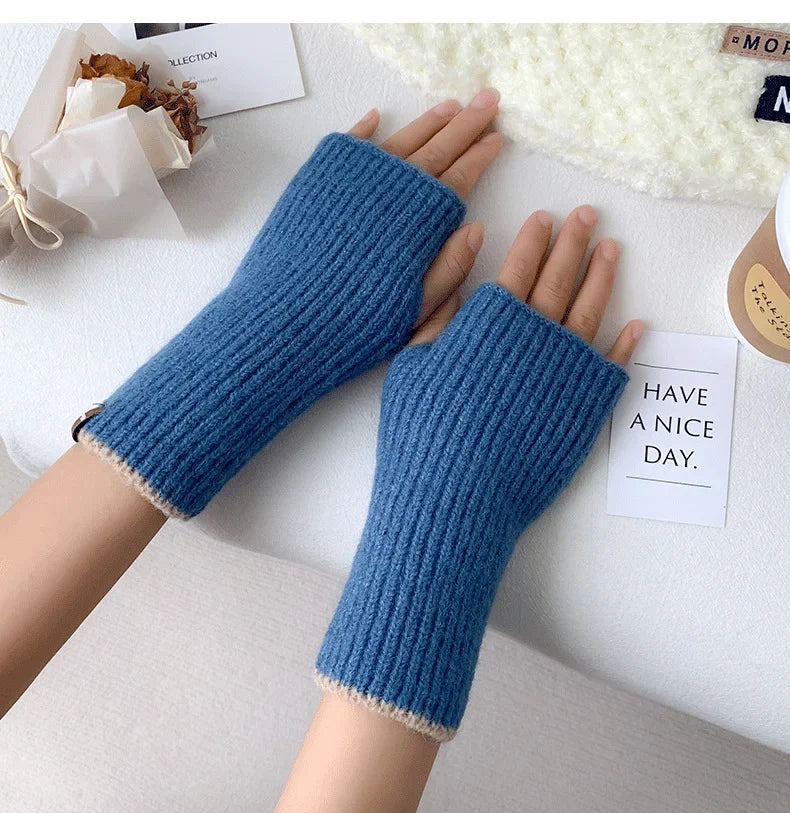 Warm Half Finger Knitted Gloves Autumn and Winter Fingerless Deer Cashmere Gloves Women Mittens Thumb Hole Short Gloves