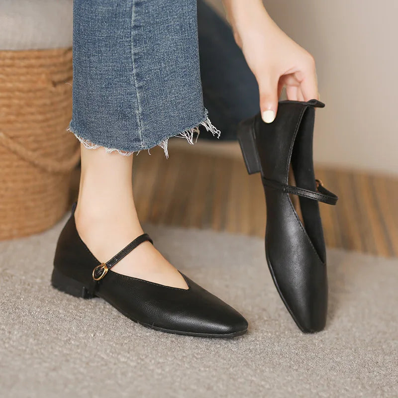 2023 Retro Women's Pumps Soft Microfiber Leather Single Shoes Fashion Shallow Buckle Mary Jane Heels Low Square Heel Daily Pumps