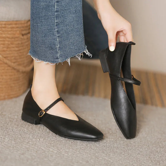2023 Retro Women's Pumps Soft Microfiber Leather Single Shoes Fashion Shallow Buckle Mary Jane Heels Low Square Heel Daily Pumps