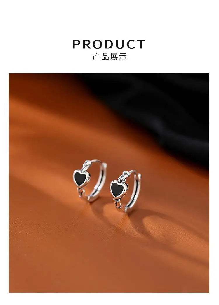 925 Sterling Silver Black Heart hoop Earrings Temperament Simple Inlaid for Women Wedding Jewelry Accessories
