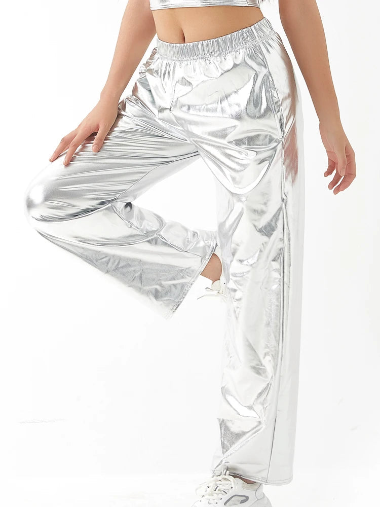 Women Adult Shiny Straight Leg Pants Casual High Waist Metallic Pants Super Long Holographic Pants Disco Bottoms Viralgem Store