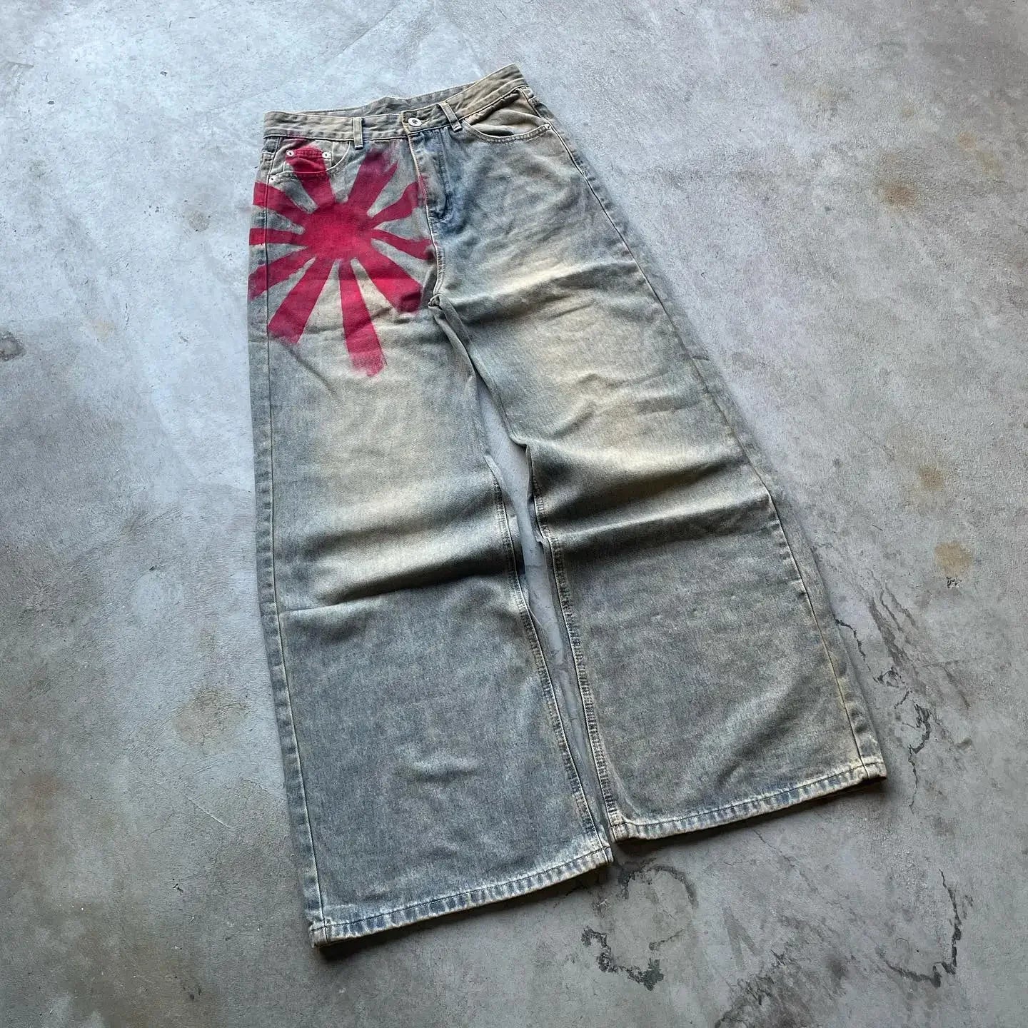 Y2K Fashion Red Print Grey Washed Baggy Jeans Men Women Harajuku Gothic Skateboard Pants Vintage Street Clothes Wide leg pants
