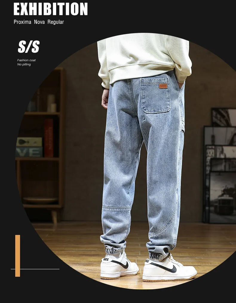 Spring Autumn Jean Men Elastic Waist Harem Hip-hop Denim Pant Male Street Fashion Big Size Loose Fit Baggy Jogger Cowboy Trouser
