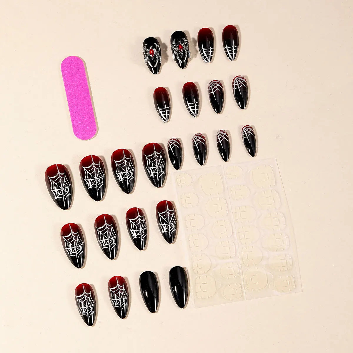 24pcs Sliver Spider Design Fake Nail Halloween Gothic Punk False Nail Tips Wearable European Heavy Metal Almond Press on Nails