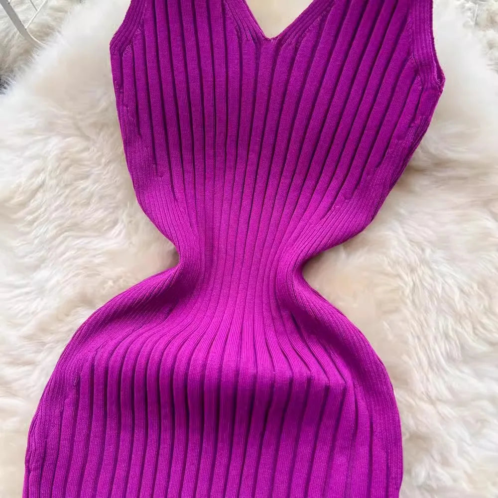 Women V Neck Solid Ribben Knitted Dresses Casual All Match Slimple Sexy Package Hips Bodycon Dress Elegant Vestidos Streetwear Viralgem Store
