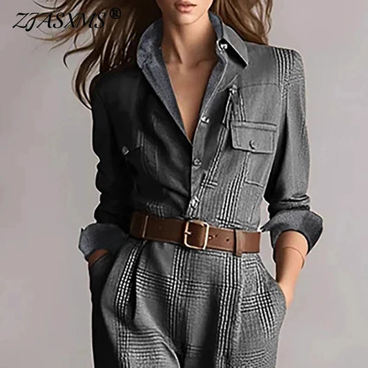 Vintage Plaid Print High Waist Jumpsuits Woman Elegant Shirt Collar Button Slim Bodysuit Fall Long Sleeve Pocket Romper Overalls Viralgem Store
