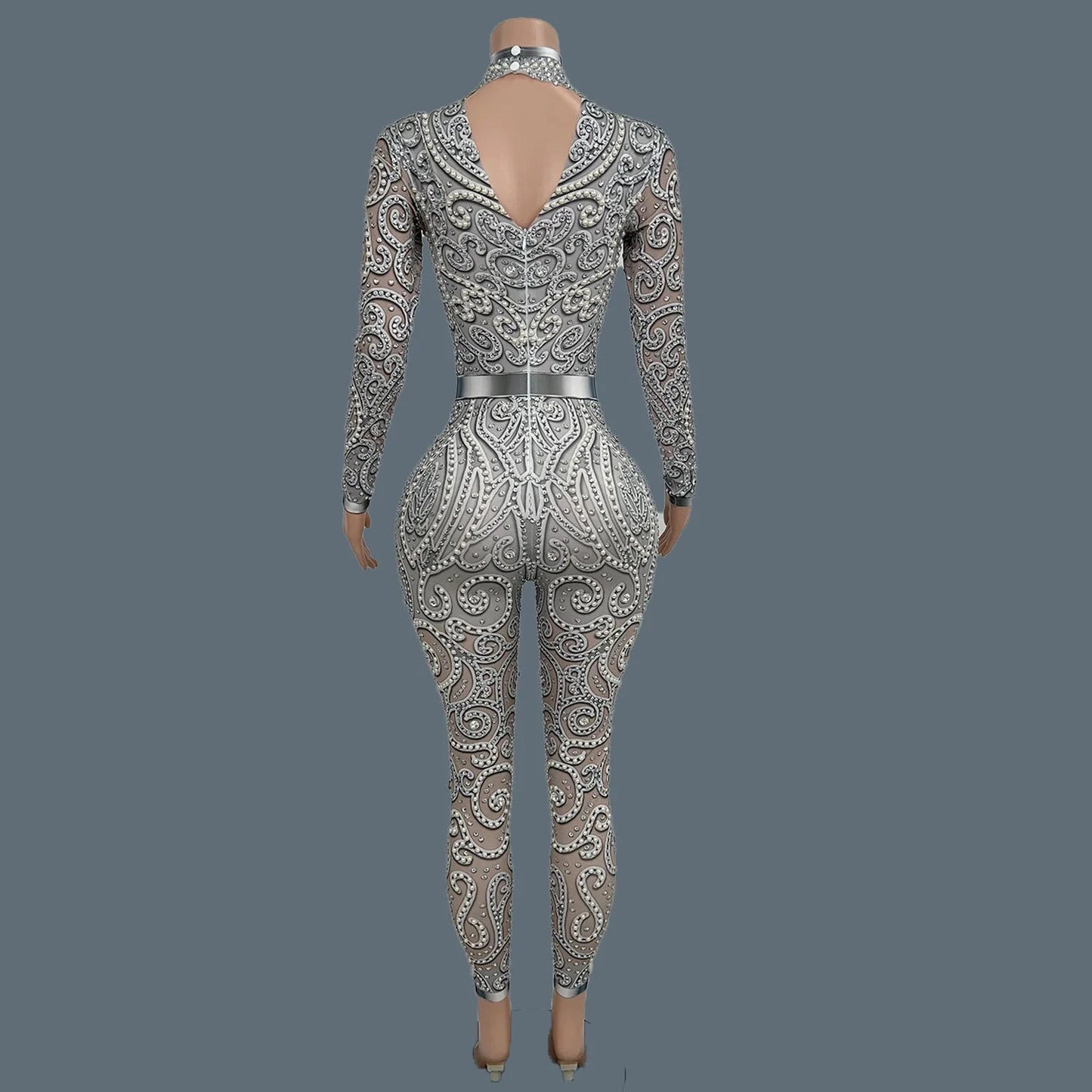 Women Sparkly Rhinestone Pearls Spandex Jumpsuit Nightclub Party Stage Performance Bodycon Wear Sexy Printing Jumpsuit Quanquan Viralgem Store
