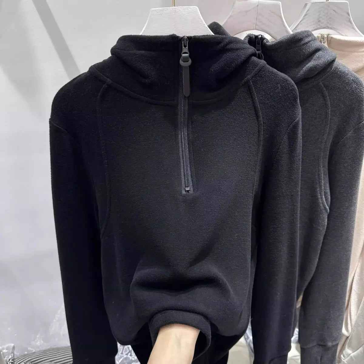 With Hat  Hoodies for Women Half-zip Simple Solid Korean Fashion All-match Streetwear Chic Design Causal Autumn Winter Tops Y2k