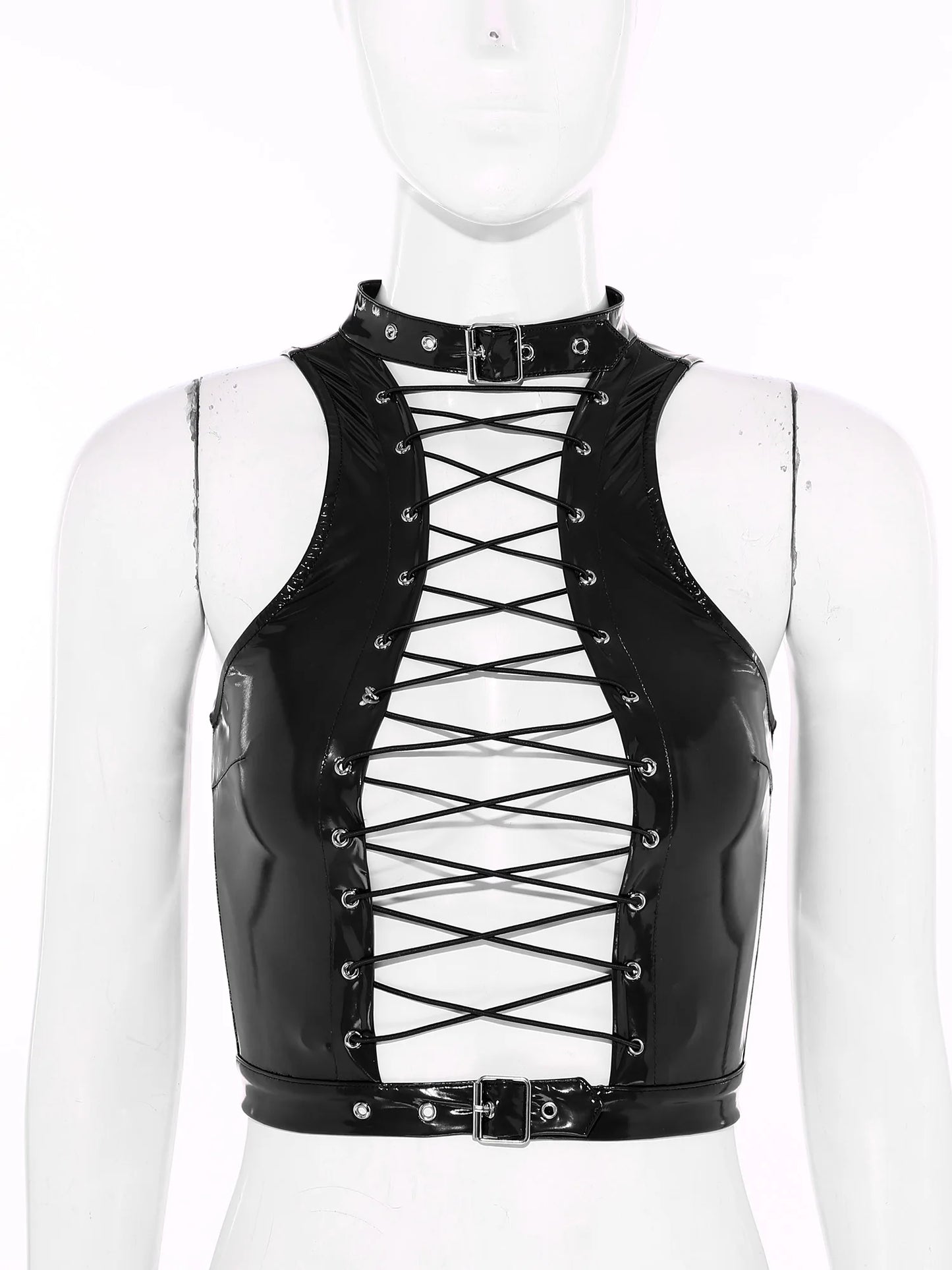 Women's Patent Leather Sleeveless Crop Tops Gothic Punk Corset Top Adjustable Round Neck Lace-up Vest Party Clothes Clubwear