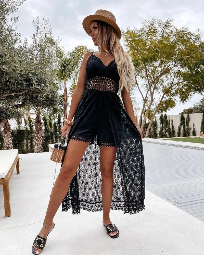 Summer V Neck Solid Color Lace Hollow-Out Sleeveless Sling Party Wear High Waist Rompers Holiday Casual White Women's Jumpsuit Viralgem Store