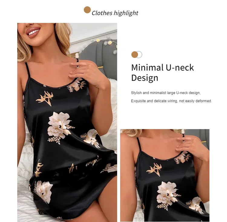 Women Nightwear Home Clothes Sexy Black Floral Printing Nightdress Sleepwear Nightshirts Silk Sleepshirts Nightgowns For Woman Viralgem Store