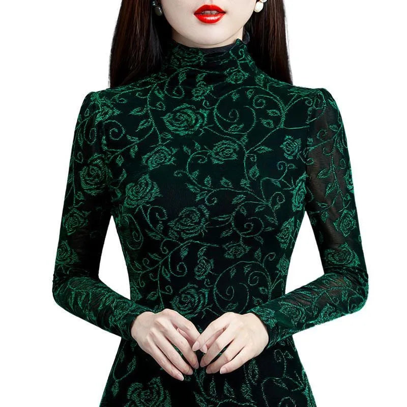 Women's Winter Autumn Style Blouse Shirt Women's Printed Turtleneck Long Sleeve Slim Elegant Tops SP1192