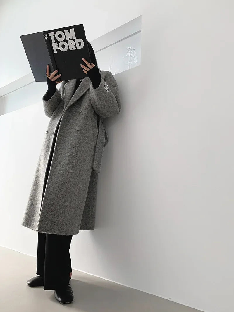 2024 Autumn Winter Wool Coat Women Double-breasted Solid Color Women's Double-sided Woolen Belt Coats Loose Warm Wool Jacket