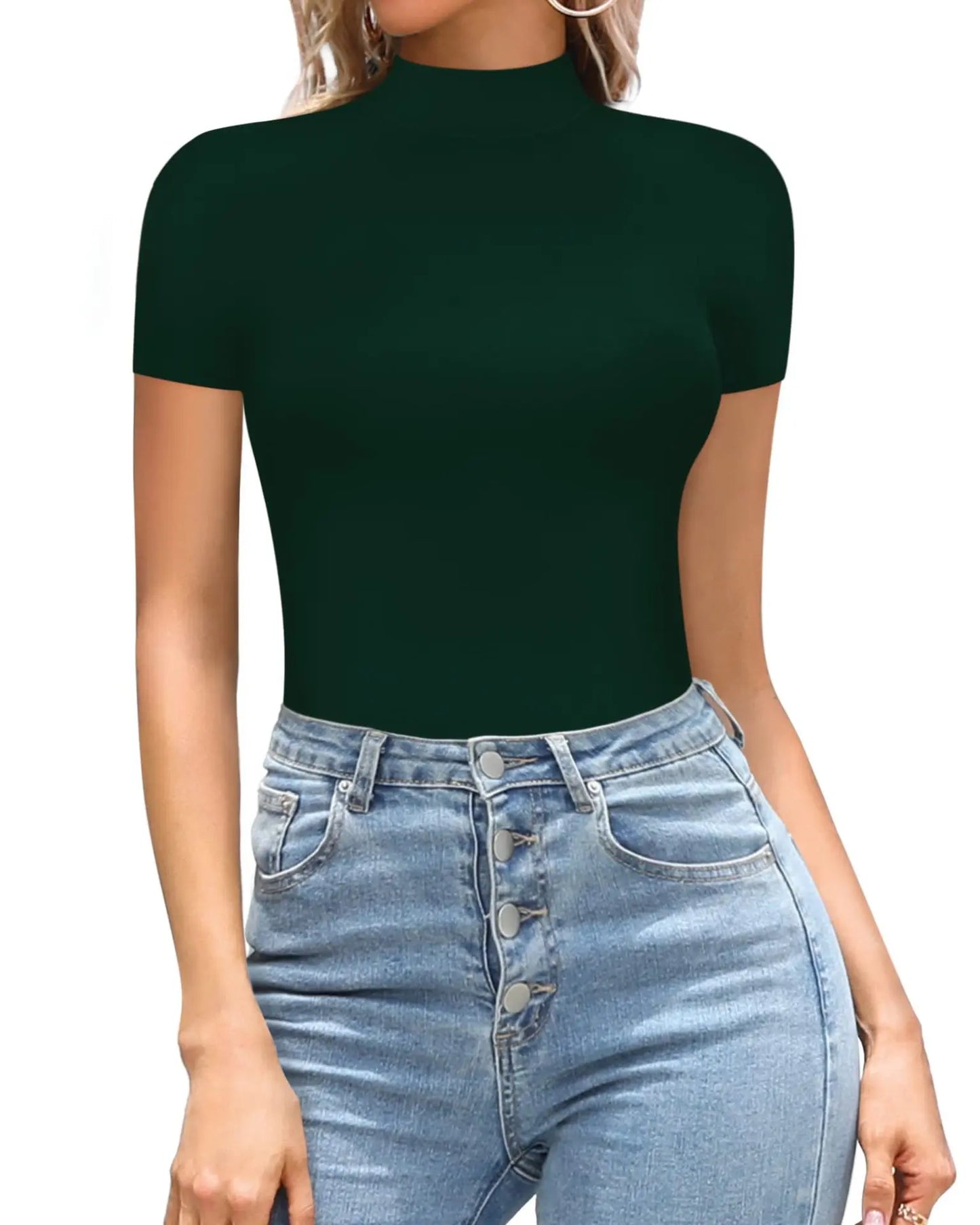 2023SpringSummer New Fashion Europe America Sexy Solid Color Medium High Neck Short Sleeve Casual Elegant Women's Tight Bodysuit