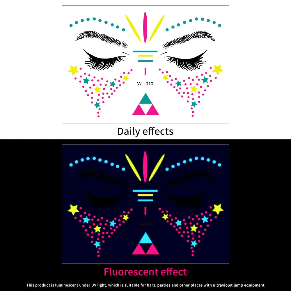 1Pcs Halloween Fluorescent Face Stickers 12-Styles Feather/Flowers/ButterflyDesign Tattoo Sticker Waterproof Glowing Face Decals Viralgem Store