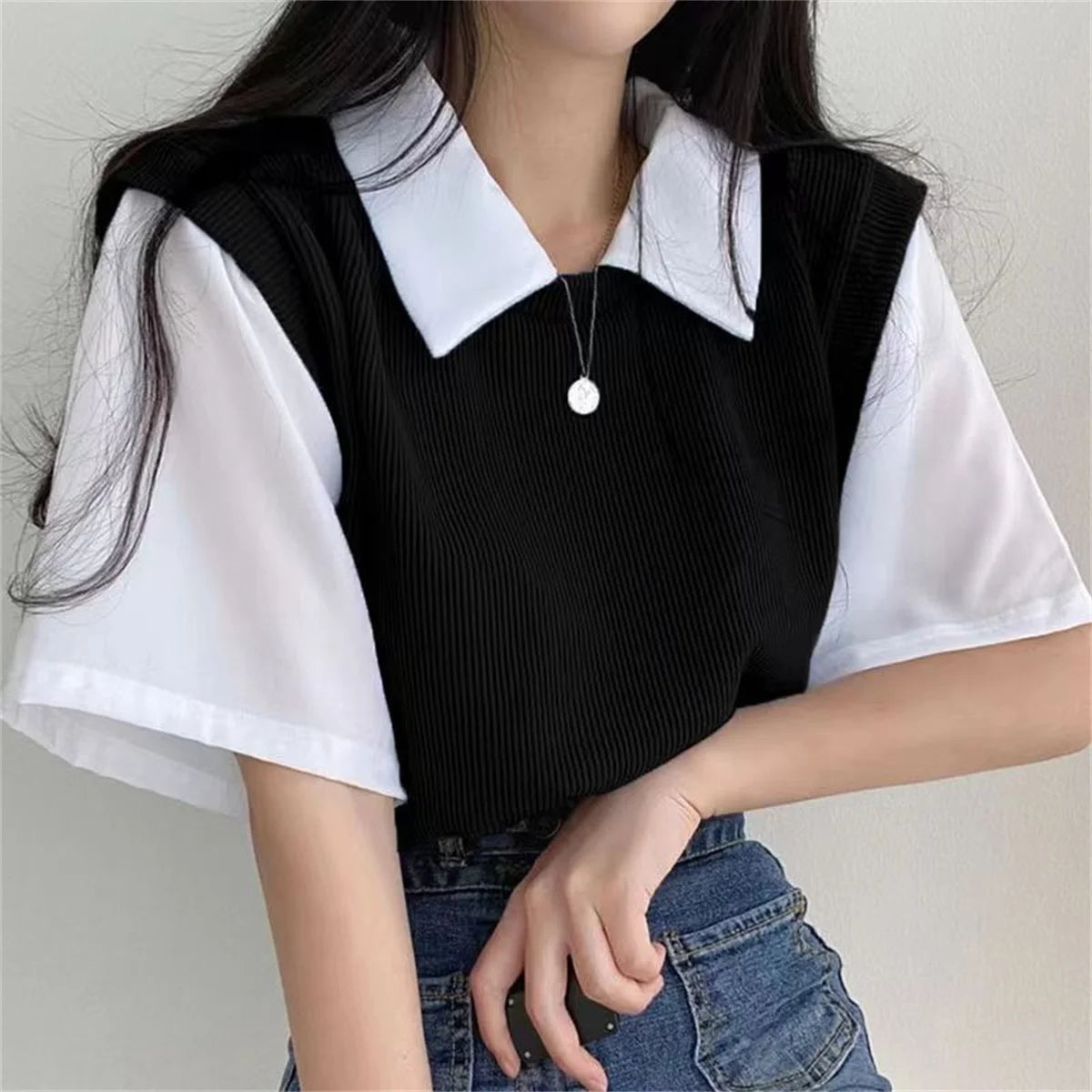 Summer Academy Style Color Blocking Polo Collar Top Fake Two-piece Short Sleeve T-shirt Women Lazy Loose Casual Versatile Blouse Viralgem Store