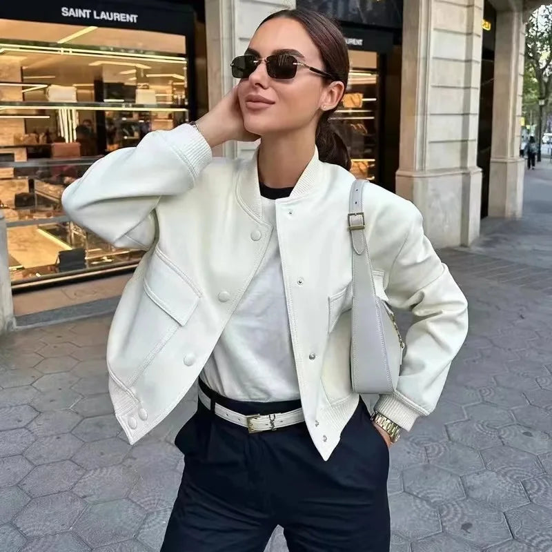 2024 Woman Bomber Jacket Coat White Autumn Winter Button Baseball Aviator Cropped Jackets For Women Long Sleeve Crop Outerwear