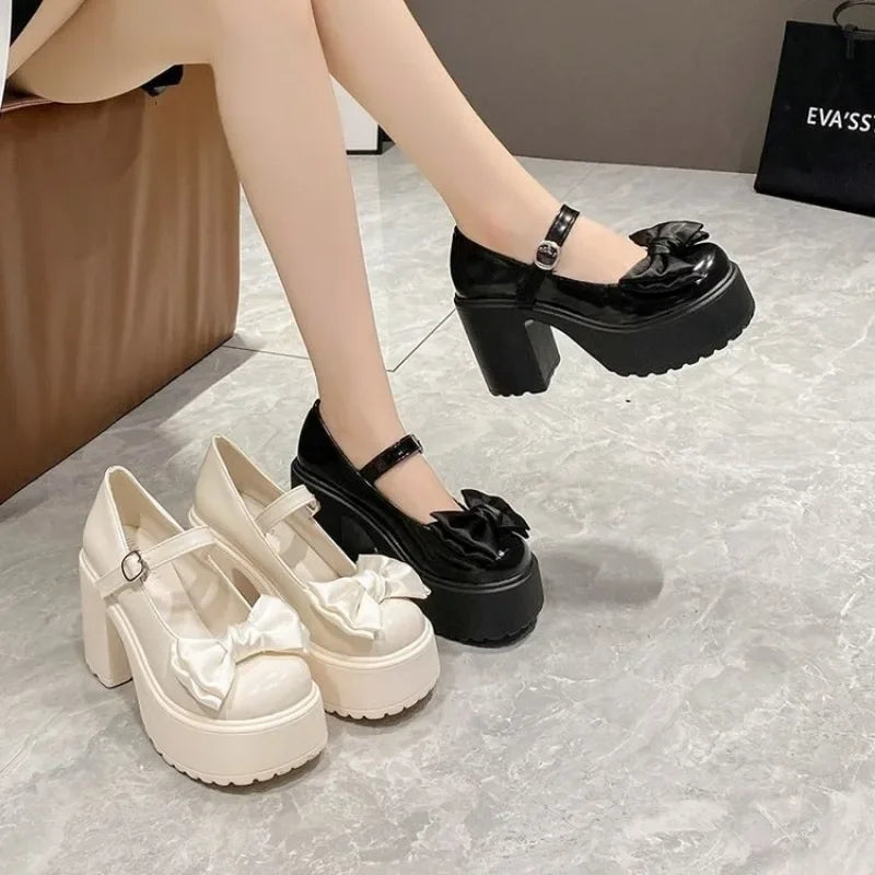 White Round Toe Platform High Heels Women Mary Jane Shoes Retro Bows Elegant Chunky Heel Women's Wedding Shoes Viralgem Store