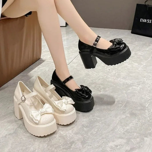 White Round Toe Platform High Heels Women Mary Jane Shoes Retro Bows Elegant Chunky Heel Women's Wedding Shoes Viralgem Store
