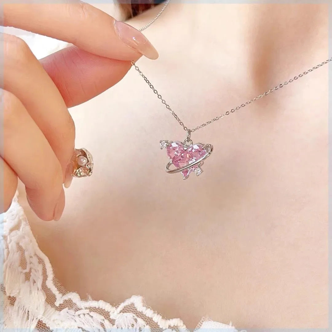 Y2K Pink Planet Heart Zircon Pendant Necklaces Women Fashion Aesthetic Clavicle Chain Necklace Valentines Day Gift Party Jewelry Viralgem Store