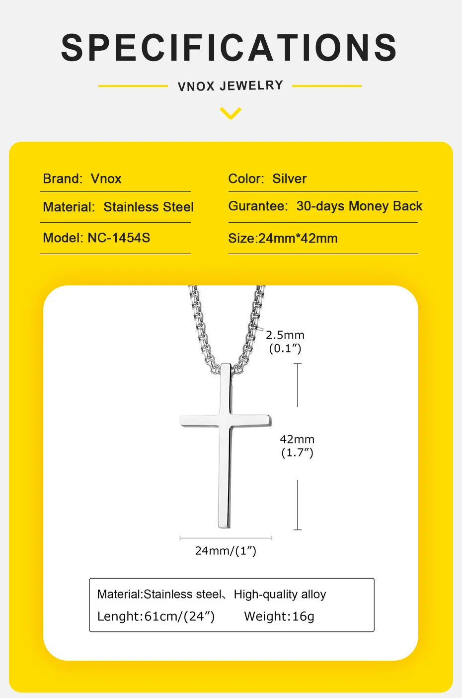 Vnox Cross Necklace for Men Women, Silver Color Plain Cross Pendant Collar with Stainless Steel Box Chain Viralgem Store