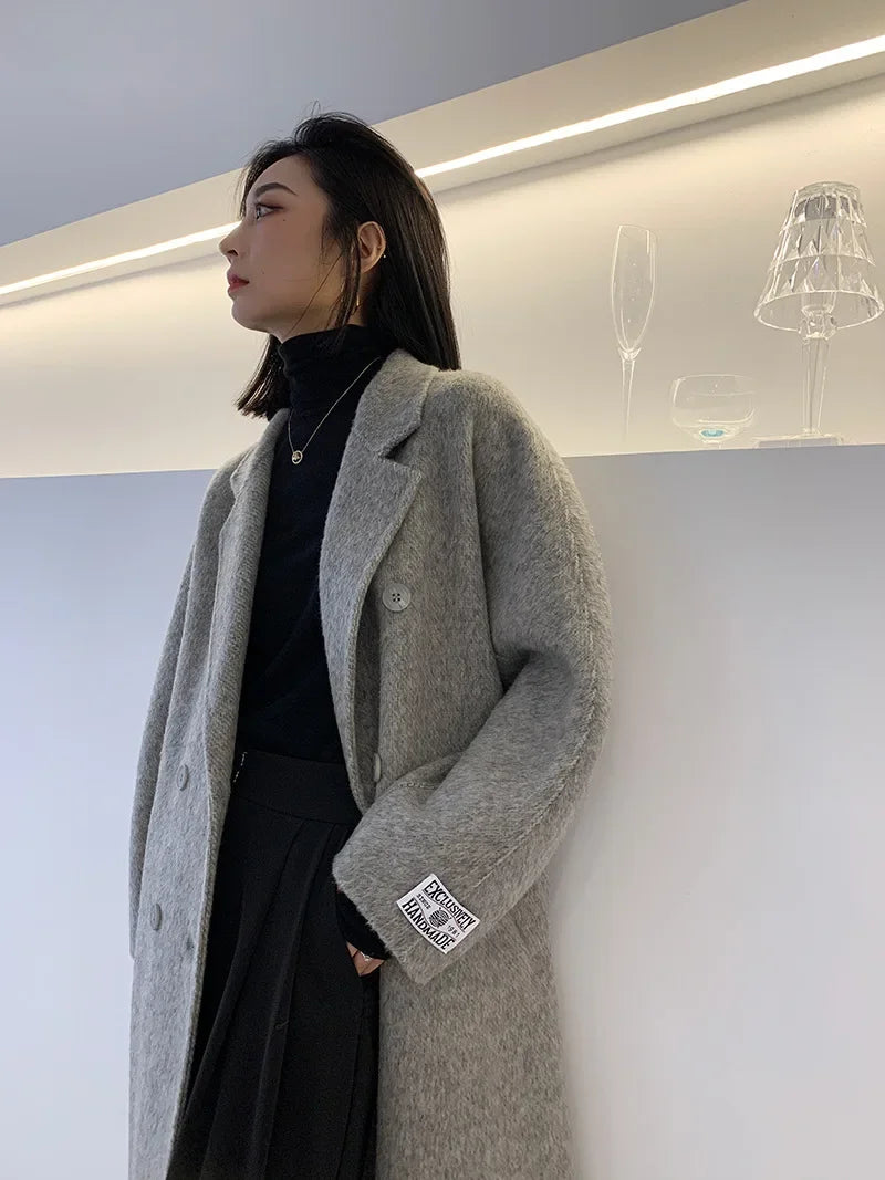 2024 Autumn Winter Wool Coat Women Double-breasted Solid Color Women's Double-sided Woolen Belt Coats Loose Warm Wool Jacket