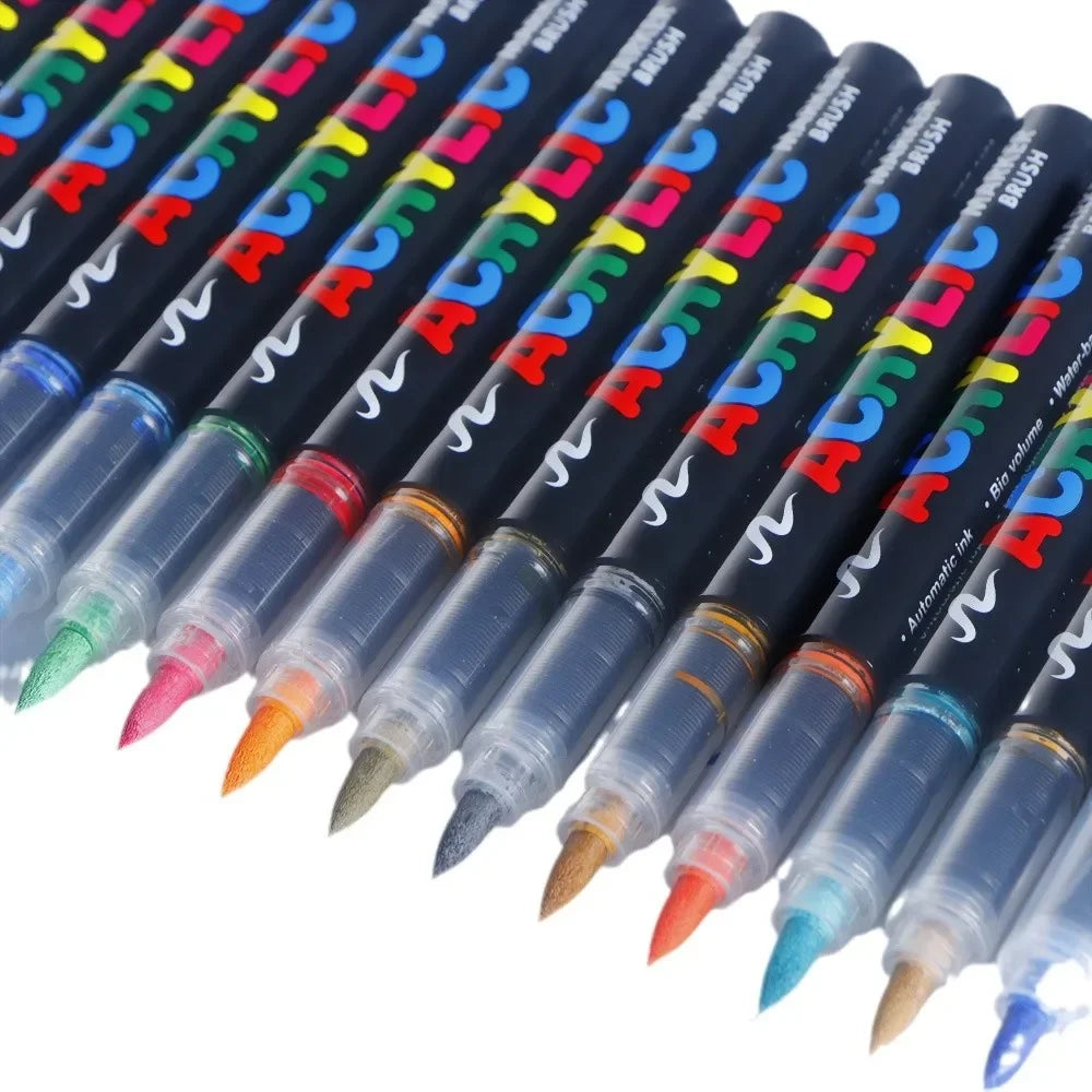 12-48 Color Acrylic Marker Pen Set Waterproof Scrapbook DIY Brush Tip Drawing Paint Marker Art School Supplies Stationery