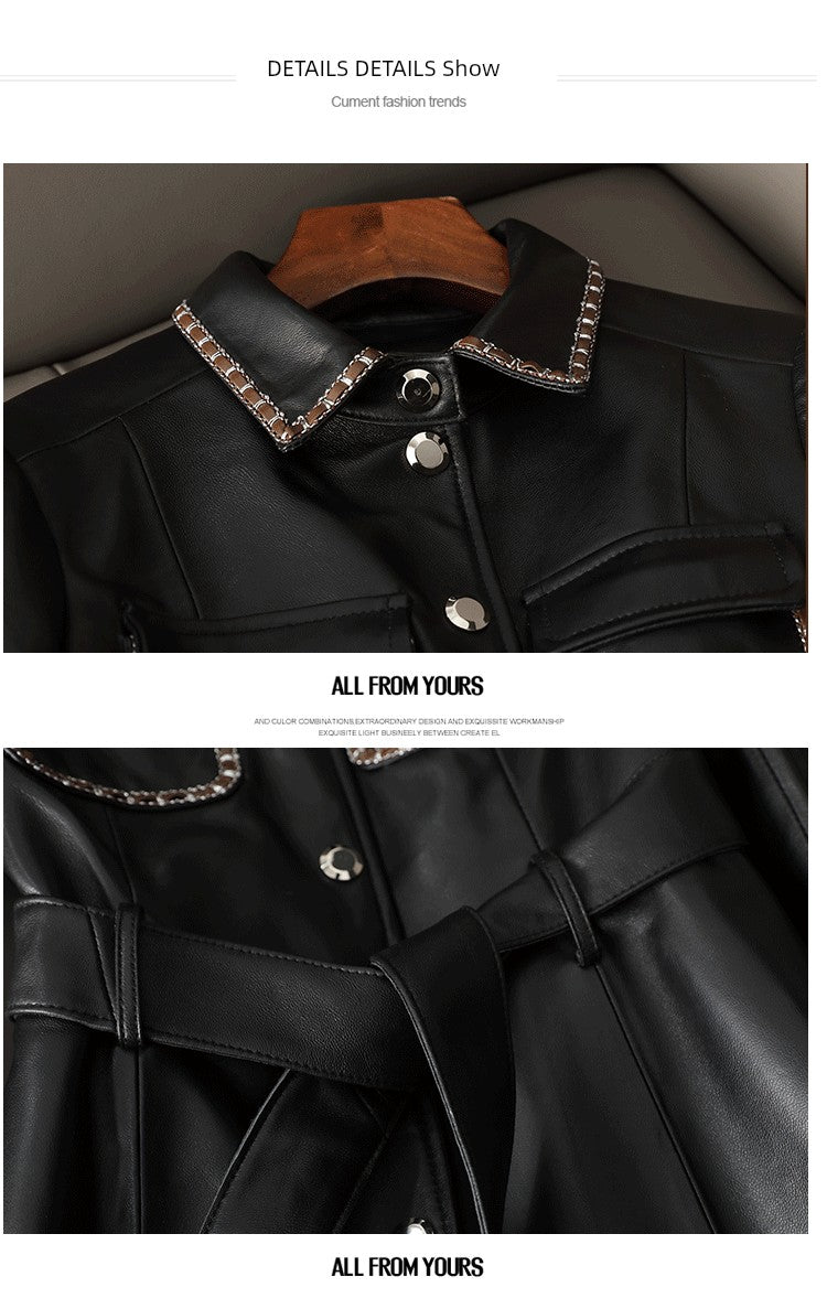 2024 Spring & Fall New Arrival Elegant Large Skirt Sheepskin Genuine Leather Clothes Mid Length Long Length Trench Coat Outwear Female Silm European Goods Viralgem Store