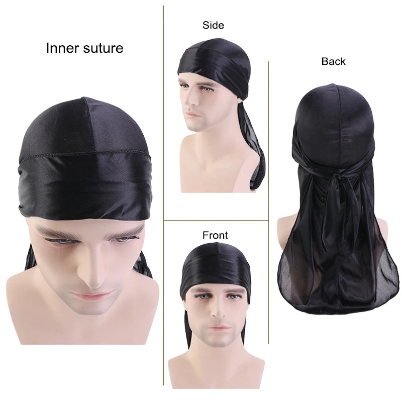 Unisex Silky Long Tail Durag Pirate Hat Turban Fashion Headwraps Cap Bandana Women Men Headwear Caps Hijab Hair Accessories  ﻿