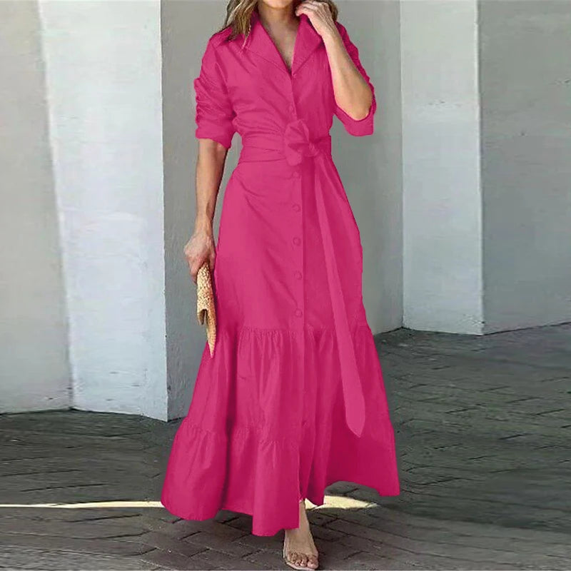 VONDA Plus Size 5XL Long Sleeve Shirt Dress Elegant Women Ruffled Sundress Buttons Solid Color Casual Lapel Belted Party Vestido