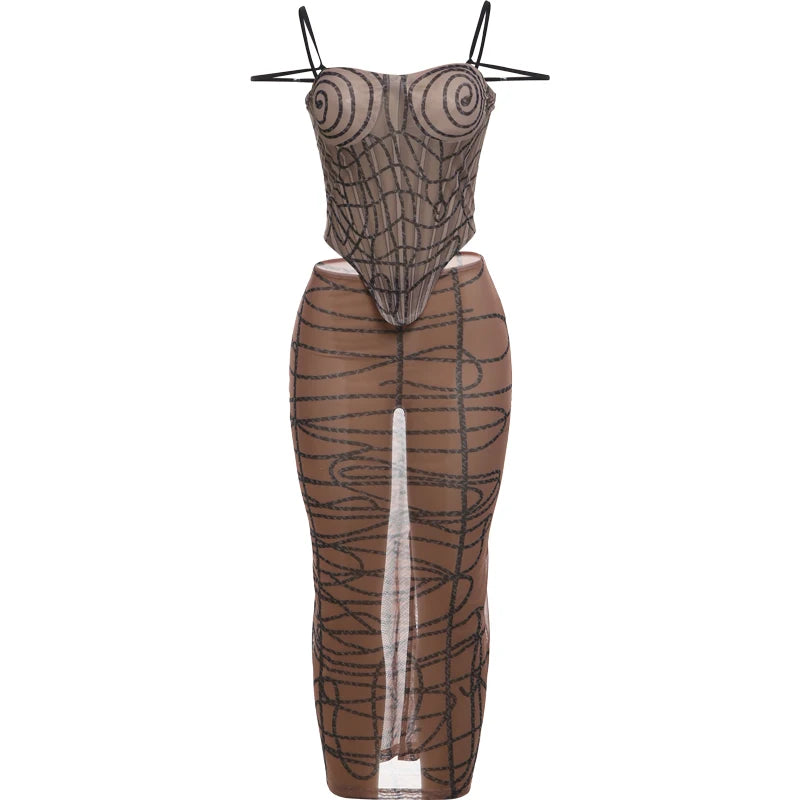 Weird Puss Stripe Print Sexy 2 Piece Set Women See Through Coquette Camisole+Long Skirts Midnight Clubwear Party Matching Suits Viralgem Store