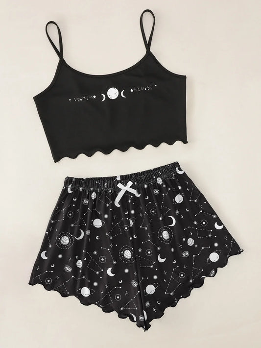 Summer Sleepwear for Women Pajamas Set Star Moon Printed Sleeveless Sling Crop Tops and Shorts Set Homewear Loungewear Pijama