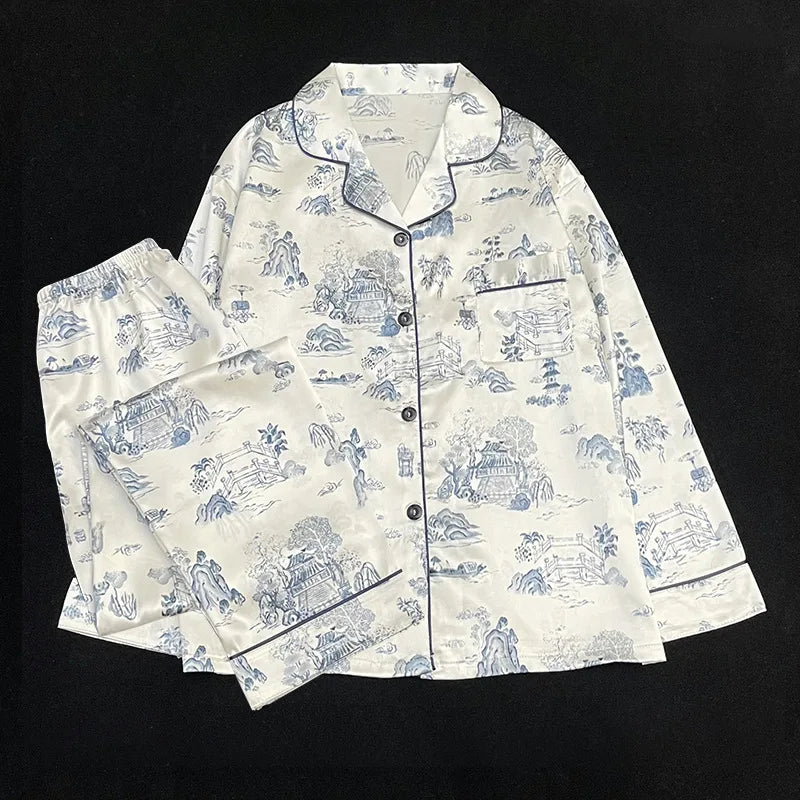 Women's Pajamas Sets Spring Autumn 2 Piece Paint Print Pyjama Faux Silk Satin Sleepwear Long Sleeve Pijama Mujer Pjs Homewear