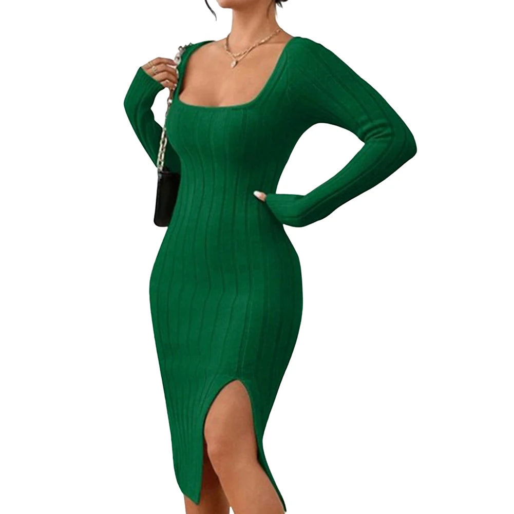 Women Bodycon Dress Long Sleeve Slim Fit Knitted Dress Square Neck Party Split Hem Long Wrap Dresses Green Viralgem Store