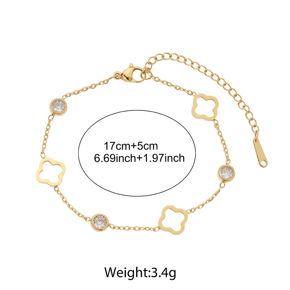 Stainless Steel Lucky Hollow Clover Crystal Zirconia Bracelet Simple And Generous Design Wrist Jewelry For Women's Daily Wear