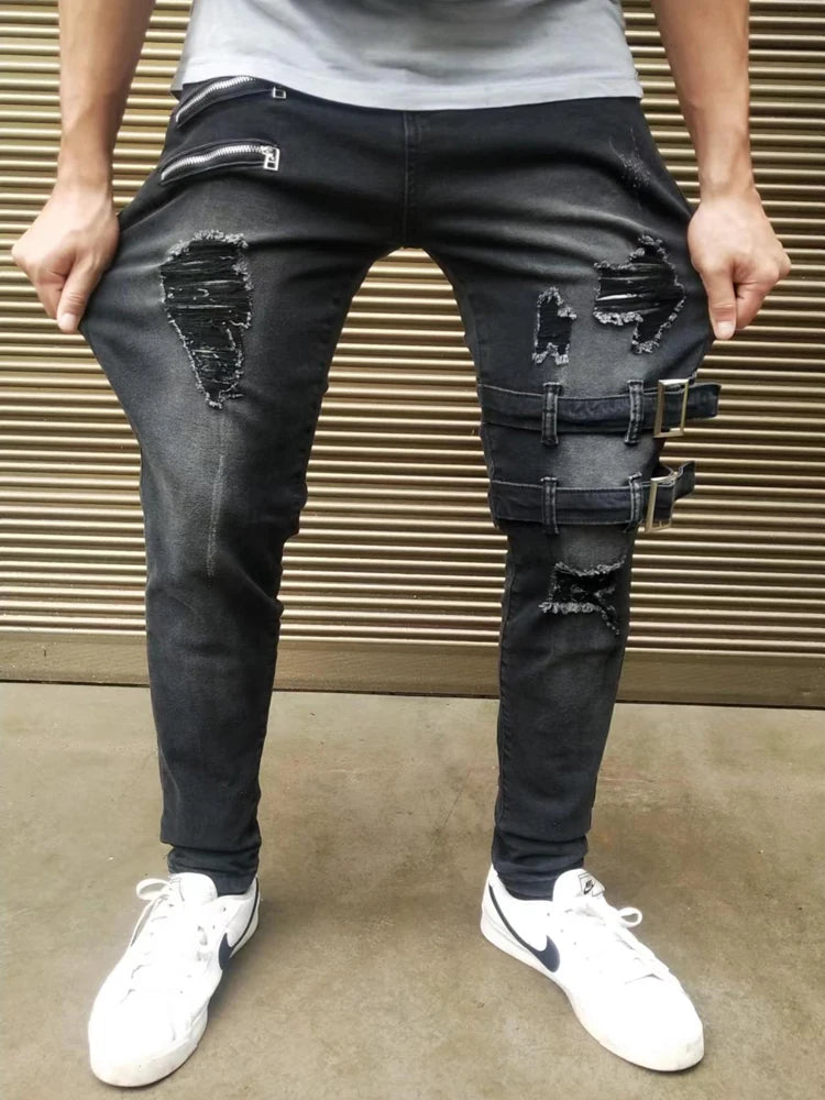 Zipper Decoration Slim Fit Biker Men Jeans Cotton Stretchy Ripped Skinny Jeans High Quality Hip Hop Black Oversize Denim Pants