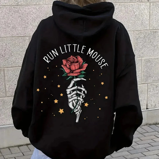 2024 Skeleton hand and Rose Graphic Print Hoodie Casual Hooded Sweatshirt For Winter Fall Women's Plus Size XS-3XL Clothing