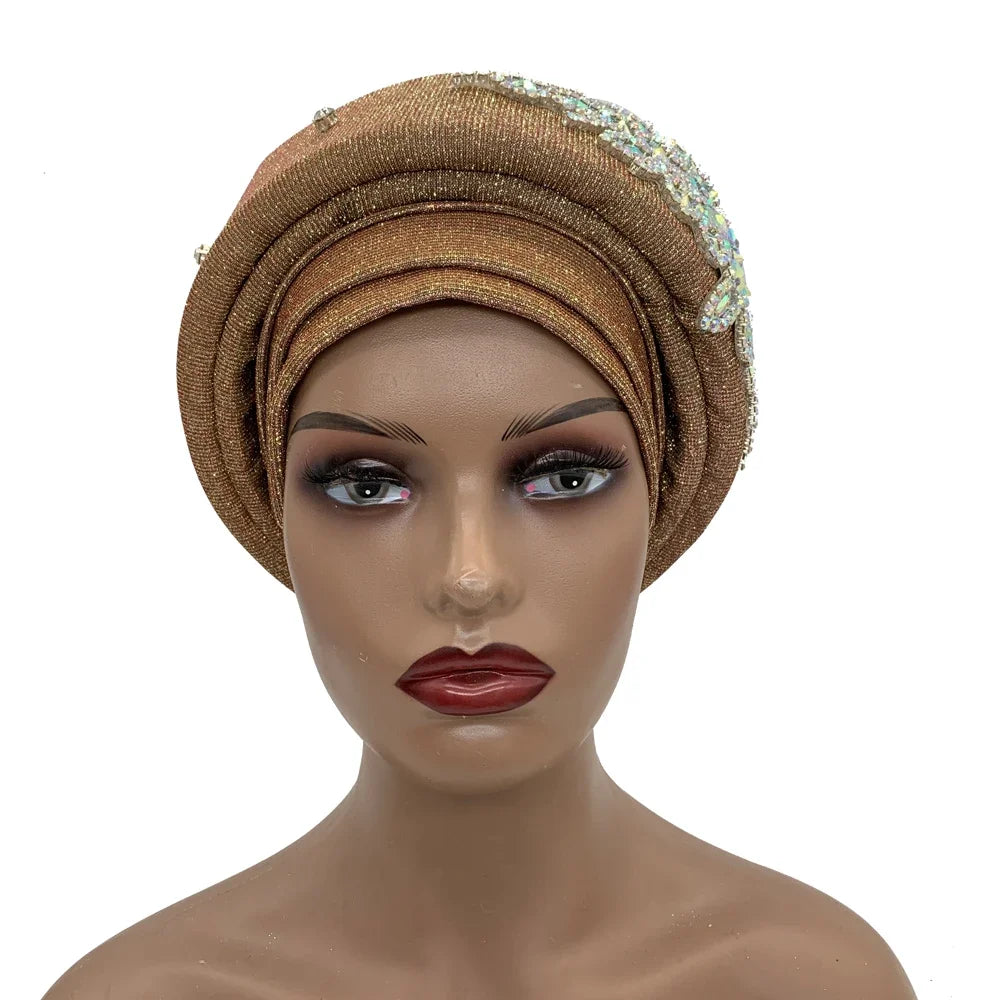 African Wrap Head Headgear Nigeria Auto Gele Headtie Turbante Mujer Luxury Rhinestone Turban Hat for Women Glitter